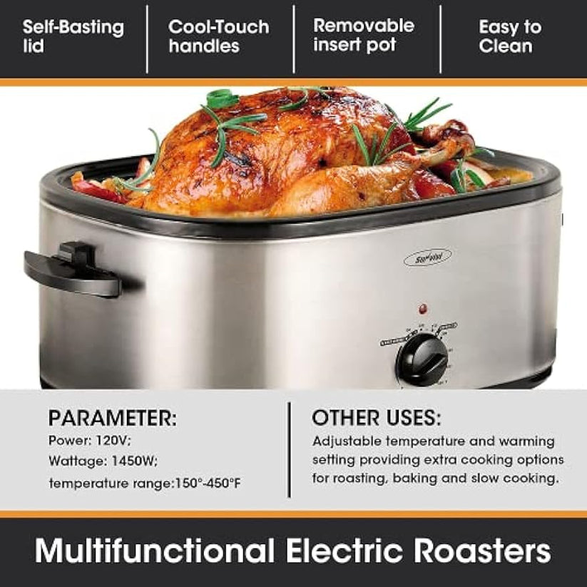Roaster Oven with Self-Basting Lid, Electric Roaster with Removable Pan & Rack, 150-450°F Full-Range Temperature Control with Defrost/Warm Function, Stainless Steel, Silver