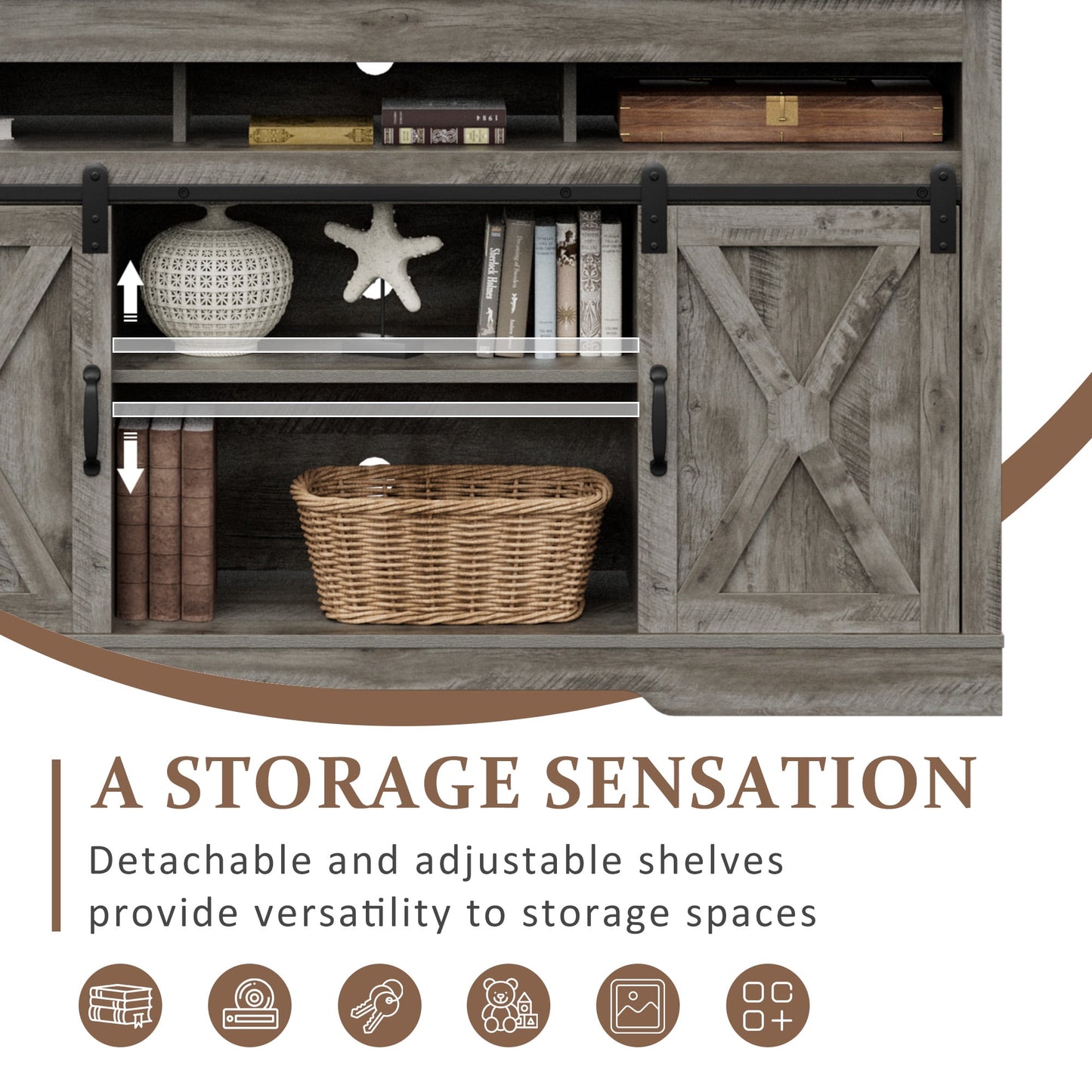 CozyHom Farmhouse TV Stand Coffee Bar Cabinet With Storage, Sliding Doors Cabinet TV Storage Cabinet Sideboard, Gray