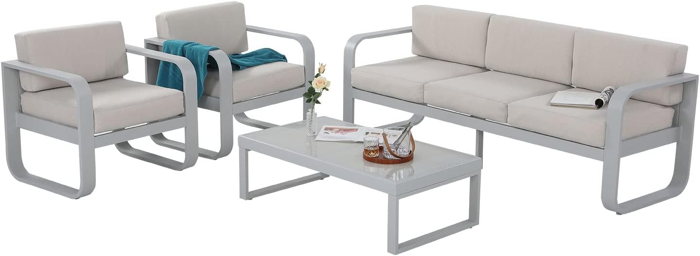 SunviviCollection Aluminum Patio Furniture, Outdoor Metal Patio Furniture Conversation Set with Coffee Table, Outside Patio Sofa Sets with Cushion for Balcony Backyard Garden, Beige