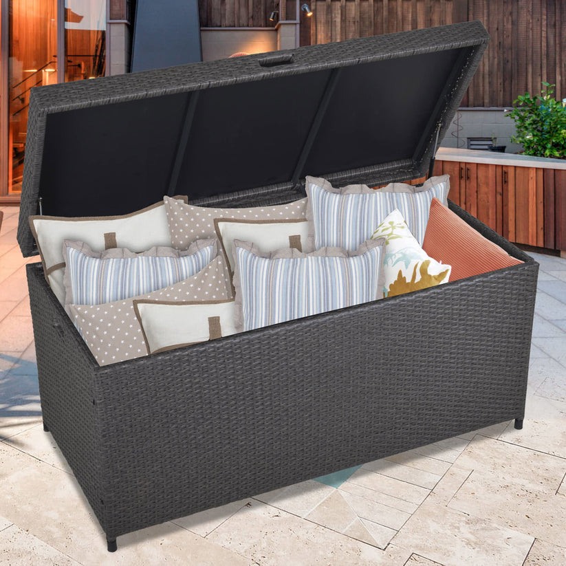 Royalcraft Outdoor Storage Box, 140 Gallon Grey PE Wicker Patio Storage Bin Patio Deck Boxes with Waterproof Inner