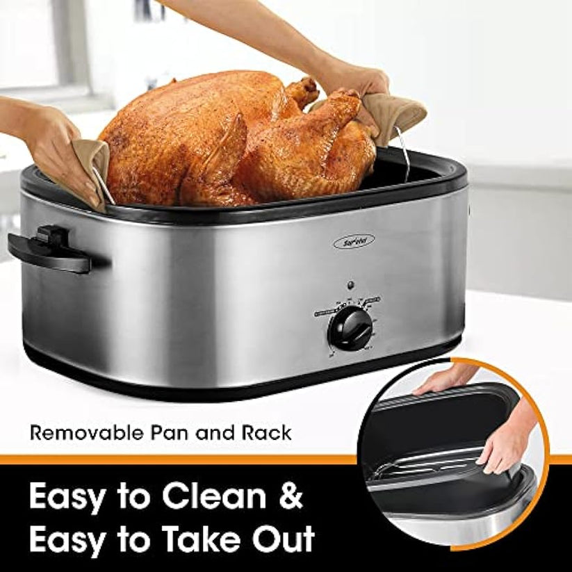 Roaster Oven with Self-Basting Lid, Electric Roaster with Removable Pan & Rack, 150-450°F Full-Range Temperature Control with Defrost/Warm Function, Stainless Steel, Silver