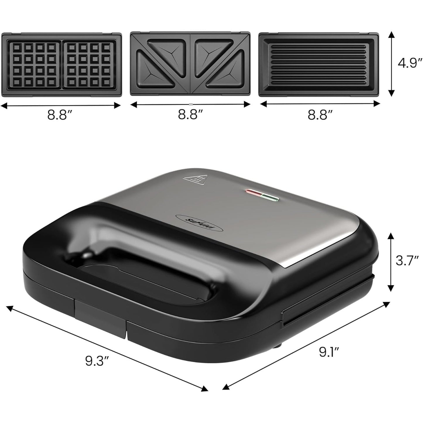 Superjoe Waffle Iron, Panini Press Grill and Sandwich Maker Set, 3 in 1 Electric Sandwich Press with Removable Non-Stick Plates, Indicator Lights & Cool Touch Handle 750W