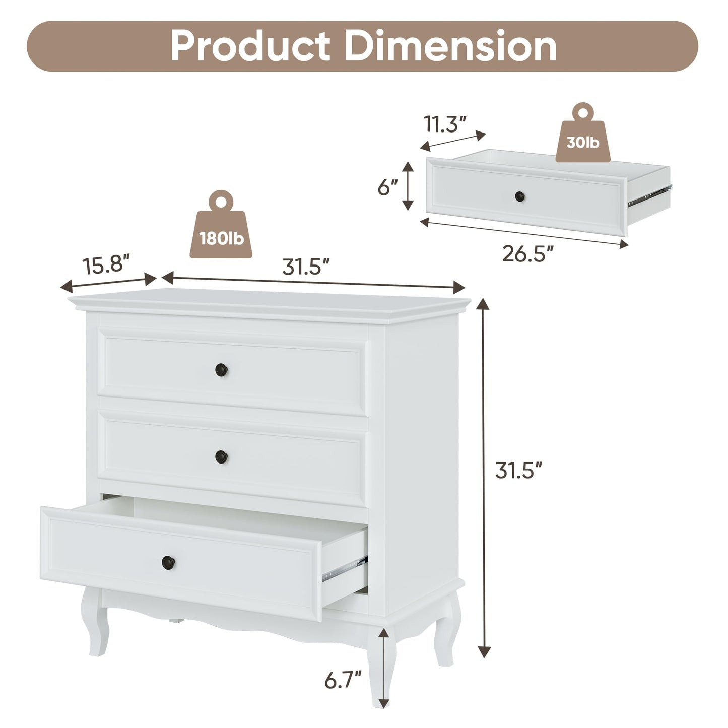 White 3 Drawer Dresser with Ball Bearing Slide, Sturdy Frame Modern Wood Dresser Wide Nightstand Cabinet for Bedroom, Living Room