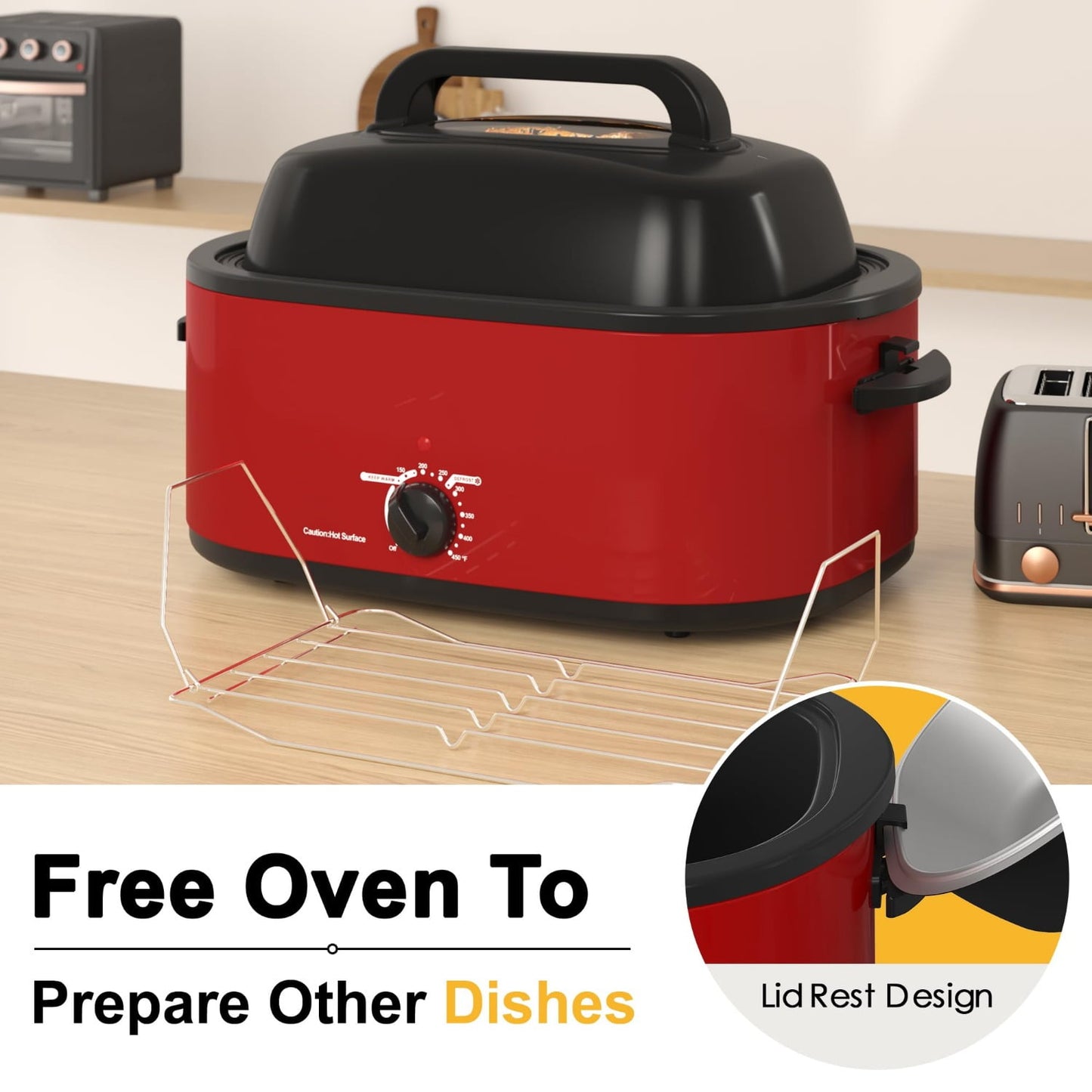 Superjoe Outdoor 20 Quart Roaster Oven, Electric Roaster with Self-Basting Lid, Removable Pan & Rack, Turkey Roaster Oven with Defrost & Warm Function, Stainless Steel, Red