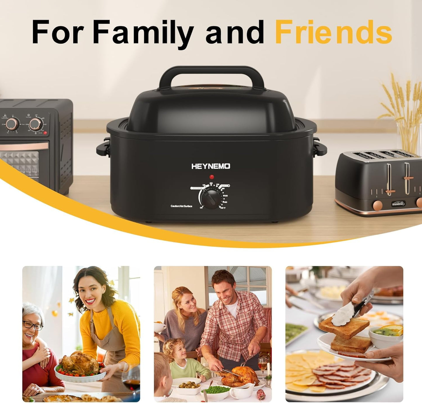 Superjoe 22 Quart Electric Roaster Oven with Visible & Self-Basting Lid, Large Turkey Roaster with Defrost Warm Function, Adjustable Temperature, Removable Pan Rack, Stainless Steel Black