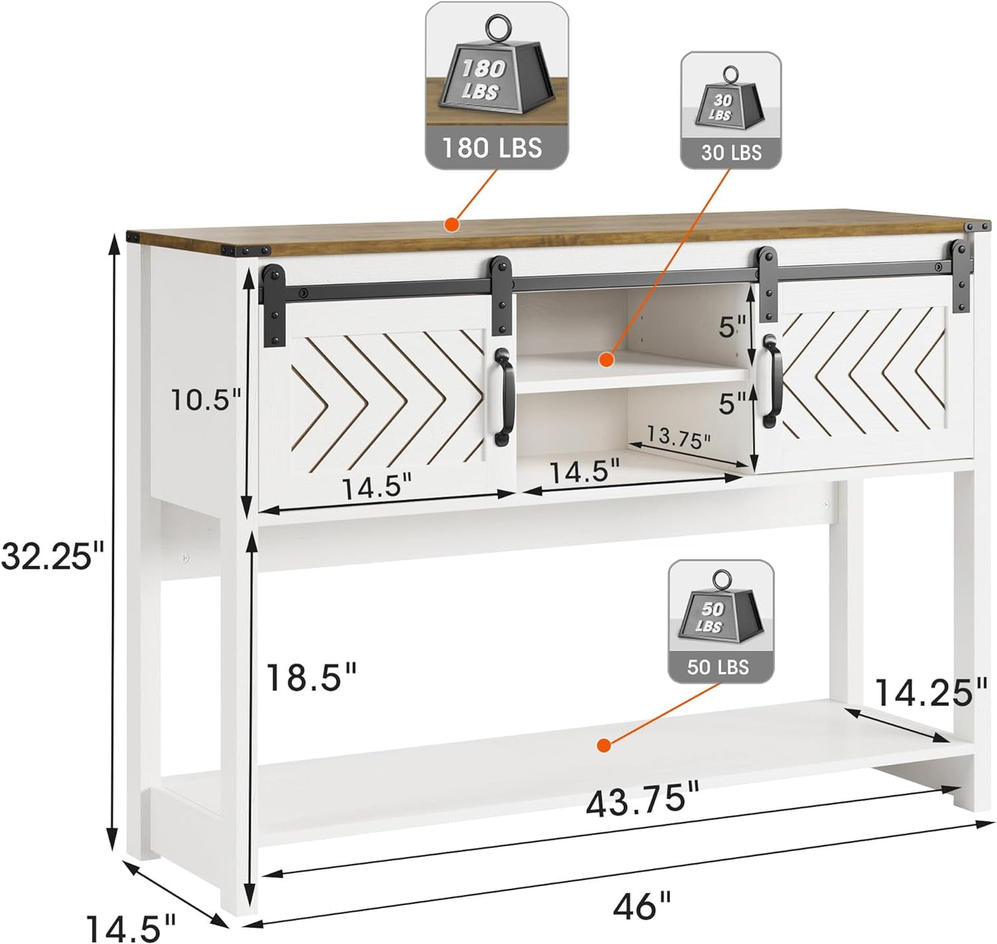 CozyHom Console Table With Storages&Shelves, Side Entryway Table With Sliding Barn Doors for Office, Bedroom, White-Brown