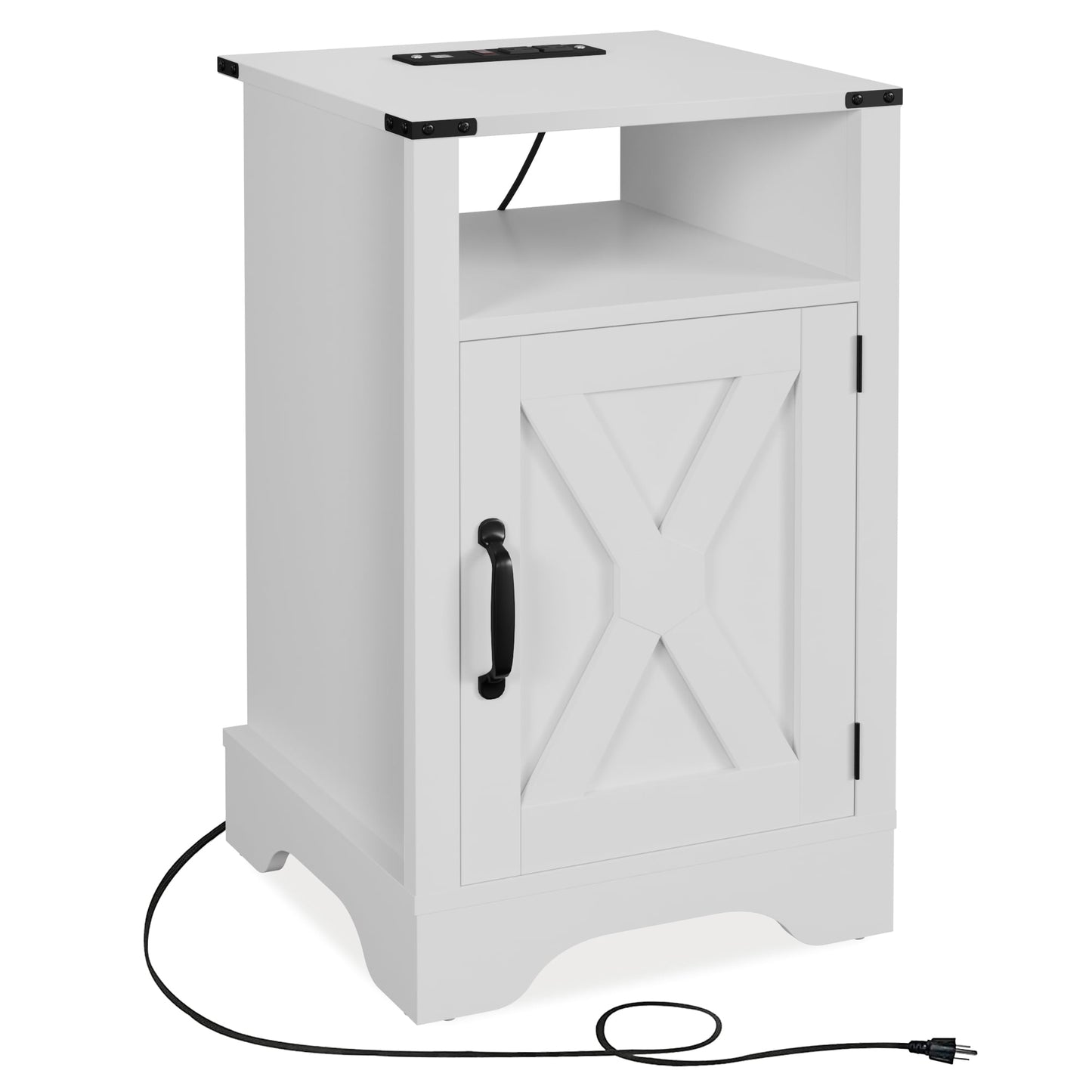 CozyHom Modern Farmhouse USB Nightstand With Charging Station, End Side Table With Charging Station&Storage Cabinet For Bedroom, White