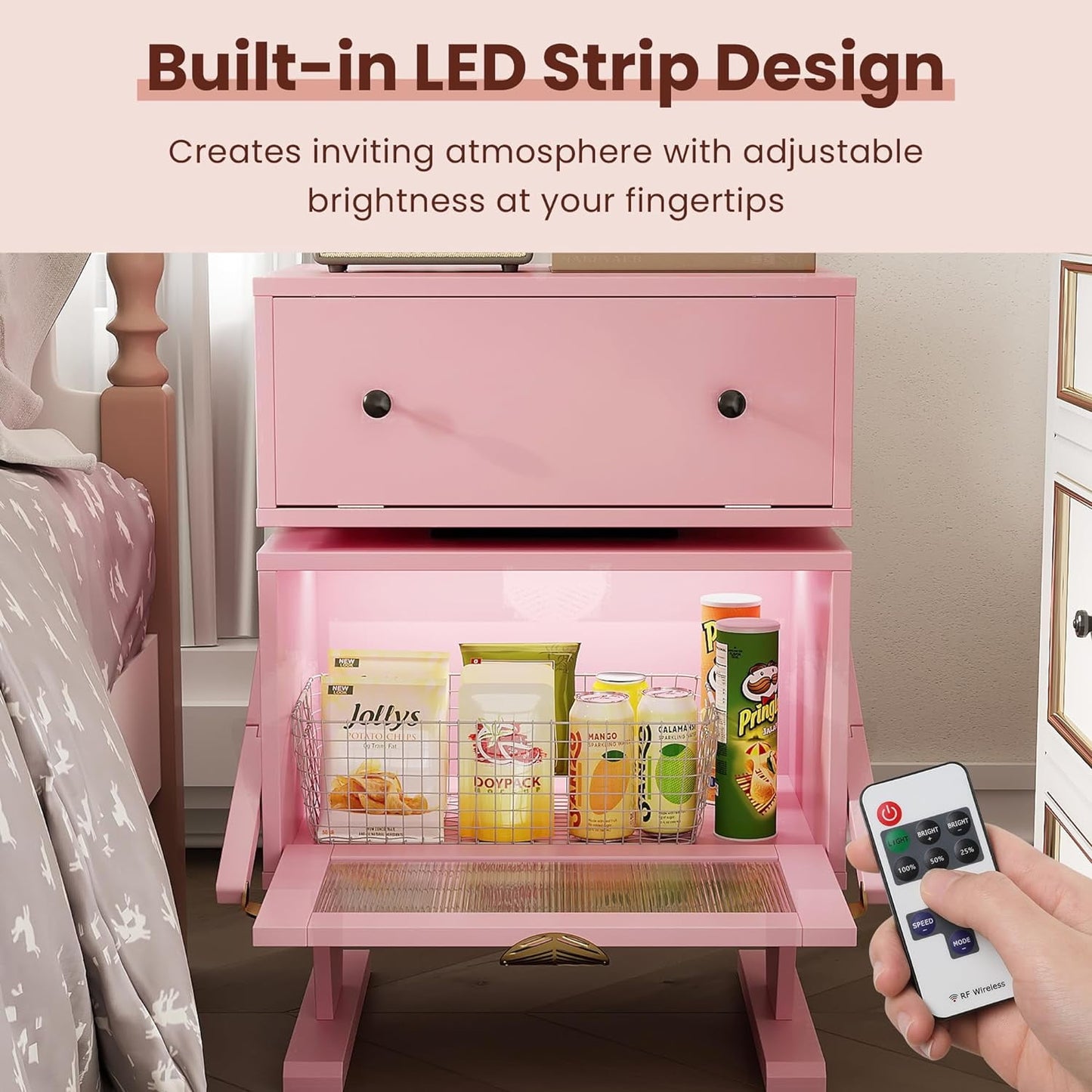 Superjoe Pink Nightstand with LED Light Strips 360° Rotating Drawer, Modern End Table with Glass Door Storage, Wood Bedside Table Cabinet for Living Room, Bedroom, Nursery