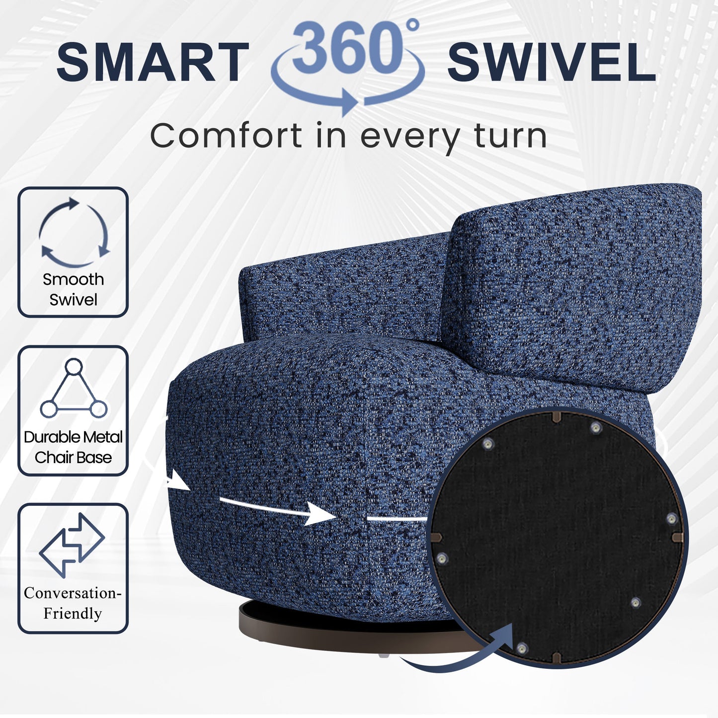 Swivel Accent Chair, Fully Assembled Round Barrel Chairs, Oversized Upholstered Armchair with 360-Degree Base, Modern Club Chair for Living Room, Bedroom, Office