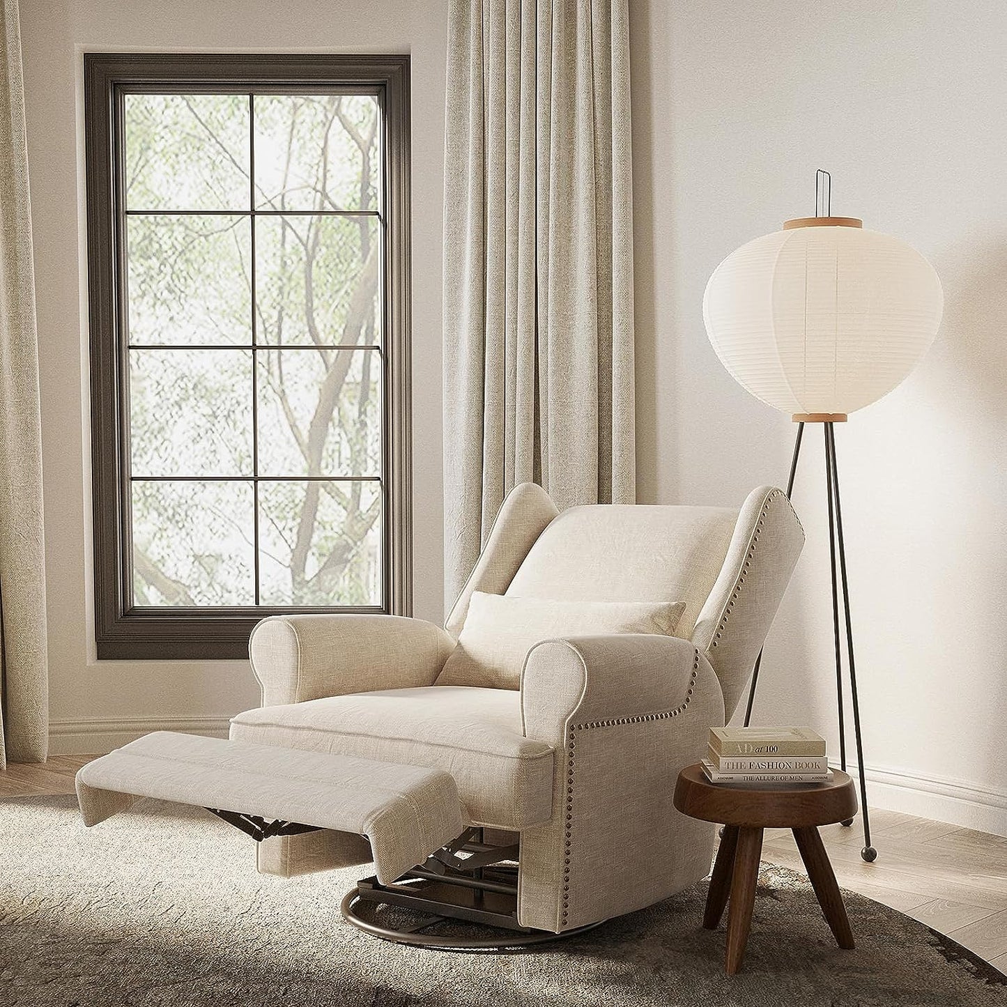 Royalcraft Swivel Nursery Glider Recliner, Comfy Upholstered Glider Chair with Lumbar Pillow and Footrest