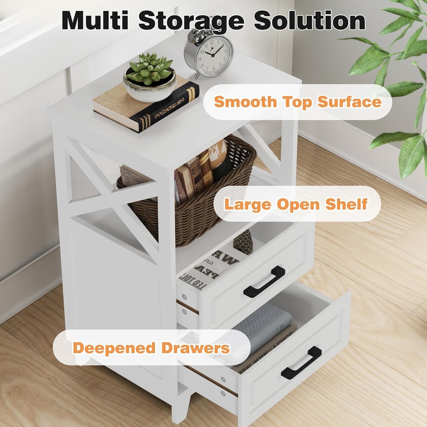 CozyHom Tall Nightstand Set of 2, Bedside Table with X Shaped Design, Wooden Rustic End Table with 2 Large Storage Drawers and Large Open Shelf for Bedroom, Living Room, White