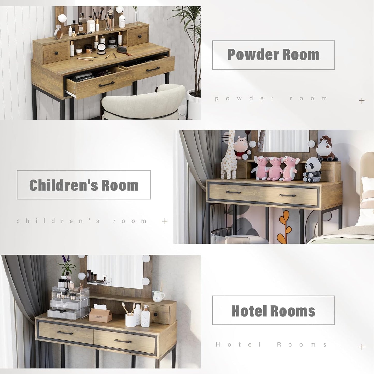 CozyHom Vanity with Mirror and Lights, 40" Large Dressing Makeup Vanity Table with 4 Drawers, 3 Color Lighting Modes & 10 Brightness, Dressing Table with Metal Frame for Bedroom, Brown