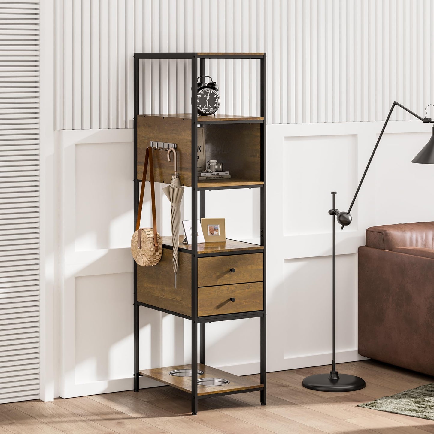 Superjoe Industrial Bookshelf, Standing Display Shelf with 2 Dog Bowls, Metal and Wood Bookshelf, Dog Feeder Station with Shelves, Brown