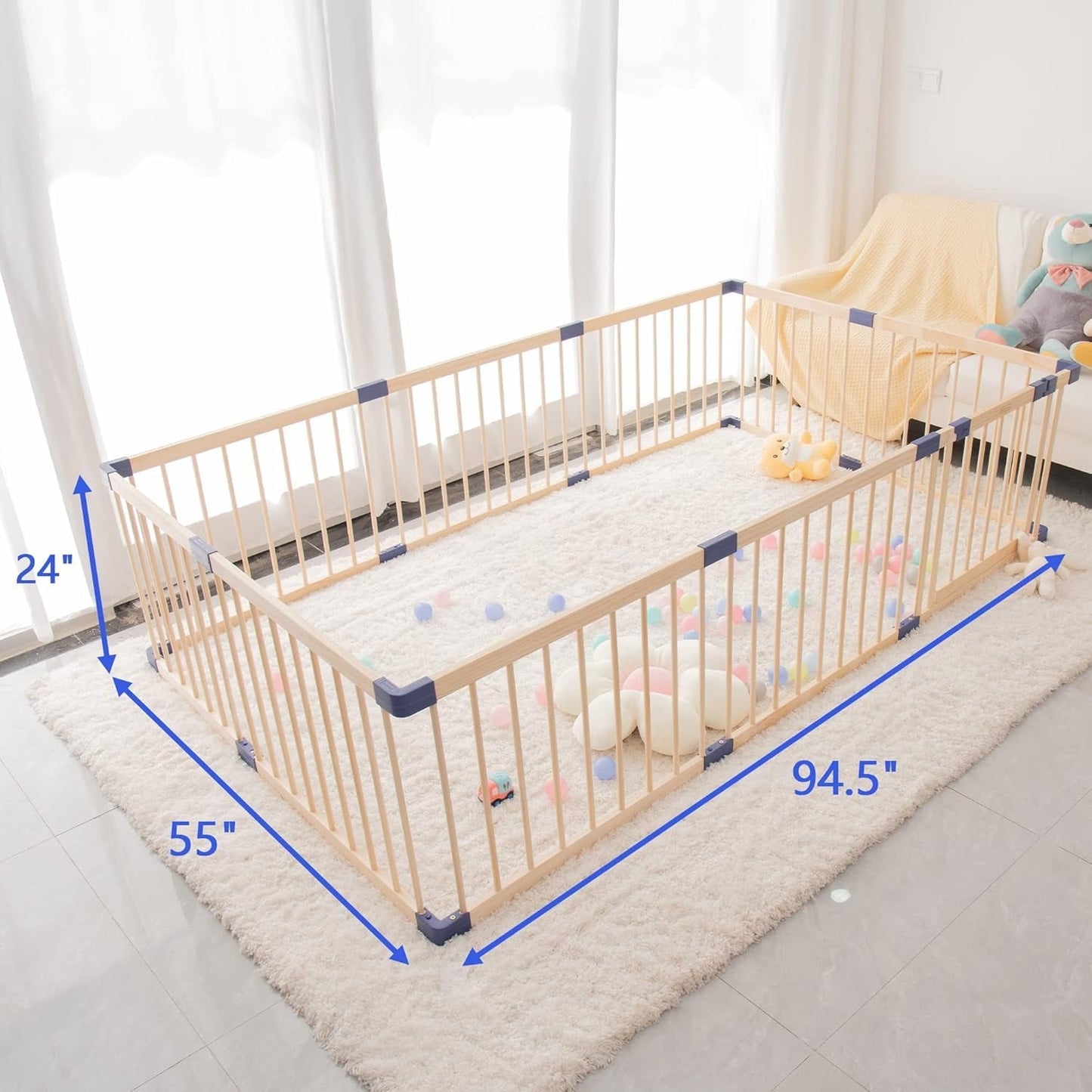 Superjoe Baby Playpen Kids Fence with Safety Gate, Activity Play Center, Safety and Anti-Drop Function, Safety Play Yard Indoor Outdoor Pure Wooden Baby Playpen (94.5"*55"*24")