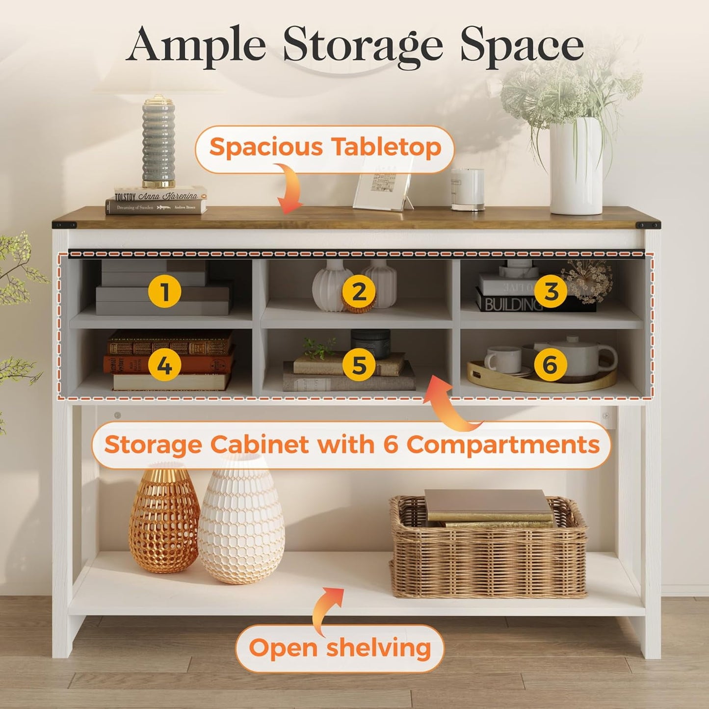 CozyHom Console Table With Storages&Shelves, Side Entryway Table With Sliding Barn Doors for Office, Bedroom, White-Brown