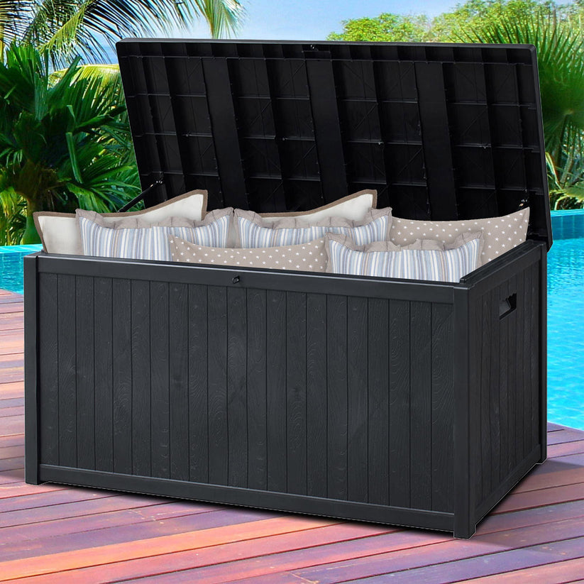 Royalcraft Outdoor Storage Box, 140 Gallon Grey PE Wicker Patio Storage Bin Patio Deck Boxes with Waterproof Inner