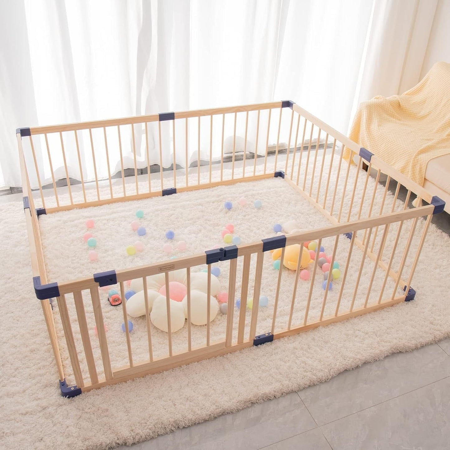 Superjoe Baby Playpen Kids Fence with Safety Gate, Activity Play Center, Safety and Anti-Drop Function, Safety Play Yard Indoor Outdoor Pure Wooden Baby Playpen (79"*59"*24")