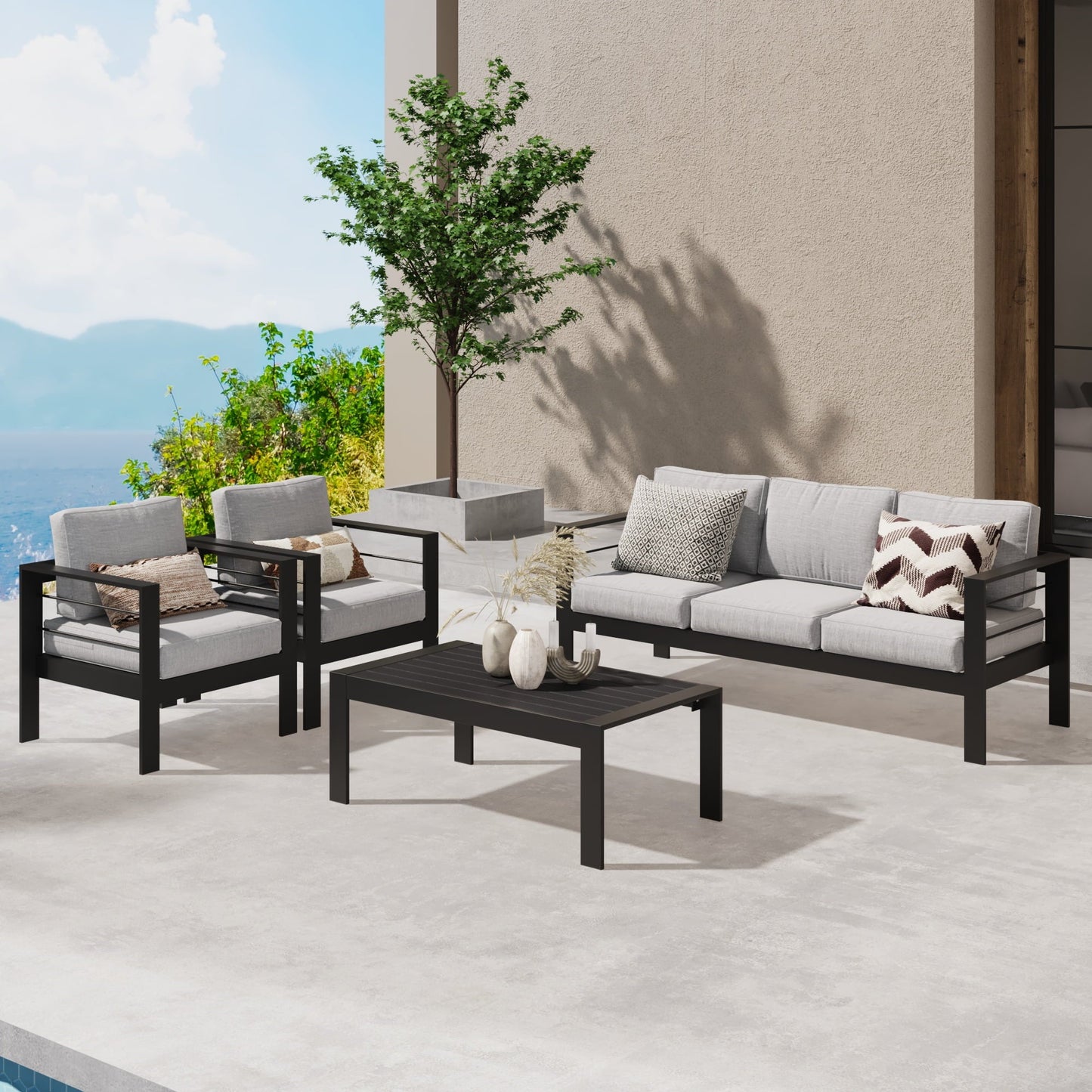 Superjoe 4 Pcs Aluminum Outdoor Furniture Set 5 Seats Patio Conversation Sofa Set Sectional Counch with Coffee Table Black Frame Light Gray Cushion