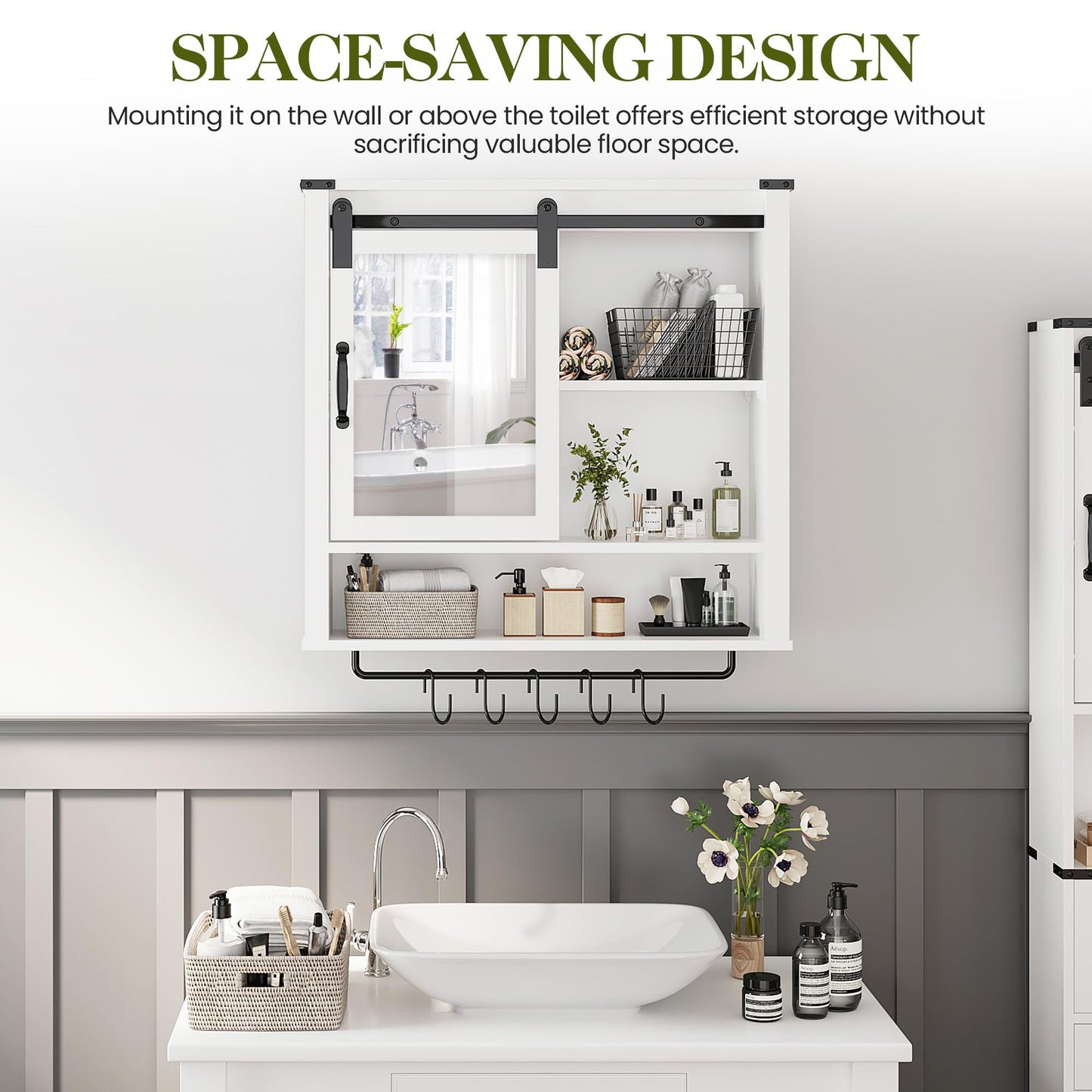 CozyHome 28in Bathroom Cabinet Wall Mount with Sliding Mirror Door, Over The Toilet Storage Cabinet, Farmhouse Medicine Cabinet with Shelves and Towel Bar for Living Room, 28" W x 29" H, White