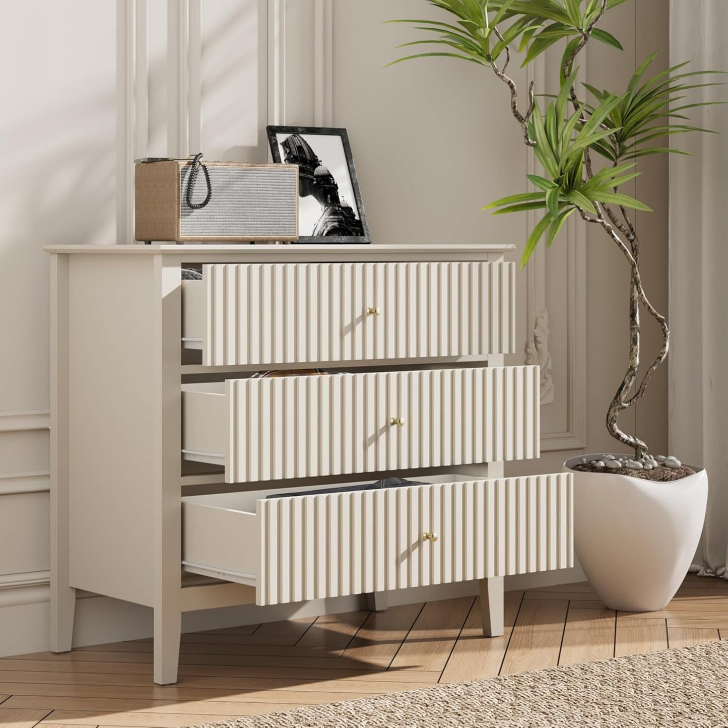 Superjoe Beige 3 Drawer Dresser, Painted 30 Inch Tall Wood Nightstand with Storage, Wide Modern Chest of Drawers with Ball Bearing Slide for Bedroom Hallway Living Room Entryway Office