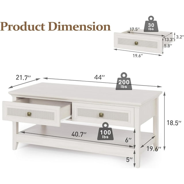Royalcraft Farmhouse Coffee Table, Boho Tea Table with 2 Rattan Decor Drawers, Accent Center Sofa Table with Storage Shelf, 2 Tier Coffee Table for Bedroom, Living Room, Home Office, Grayish White