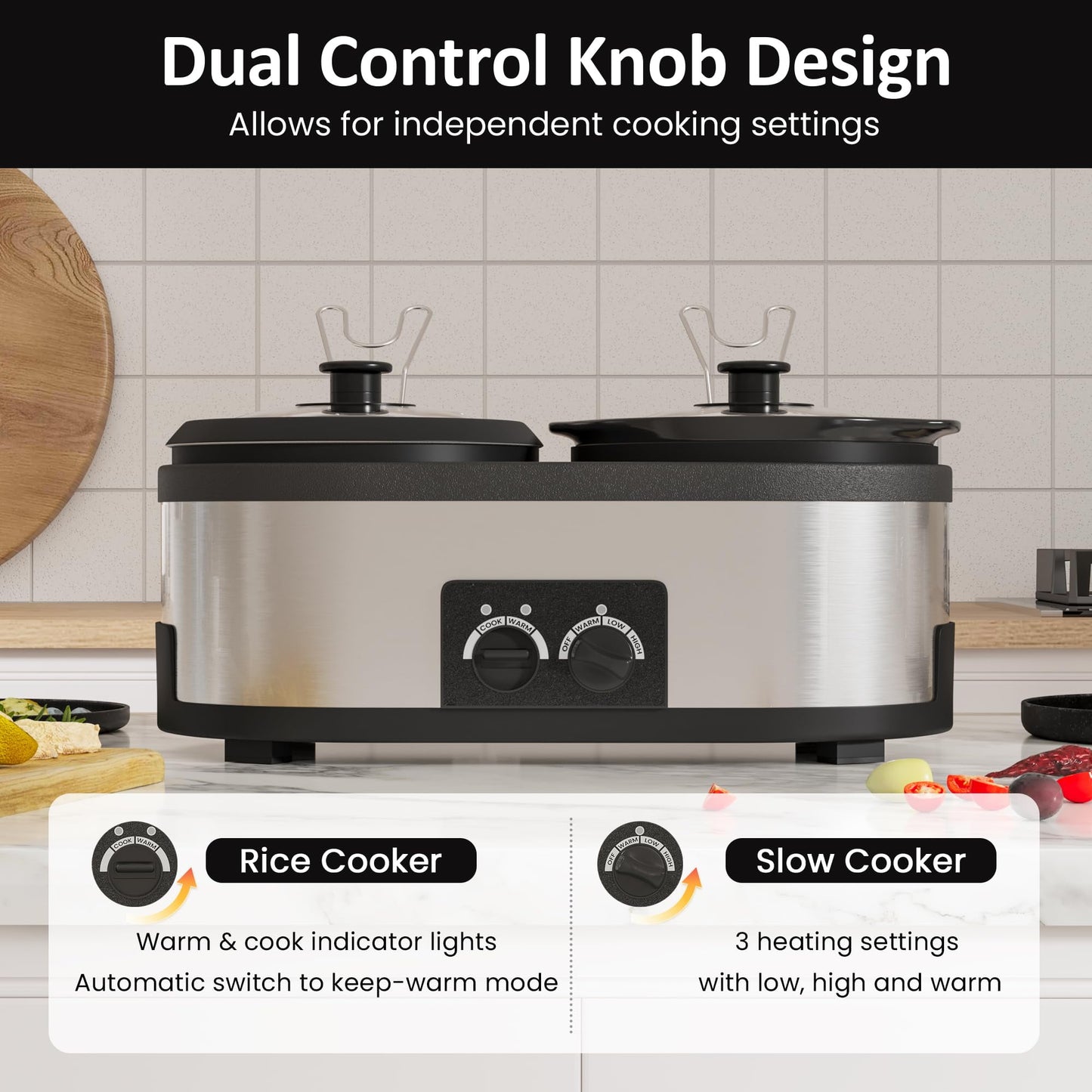 Superjoe 2 in 1 Double Slow Cooker, Combo Rice Cooker and 1.5 Quart Slow Cooker with 3 Cooking Settings, 3- Cup Non-Stick Aluminum Pot, Glass Lid, Stainless Steel