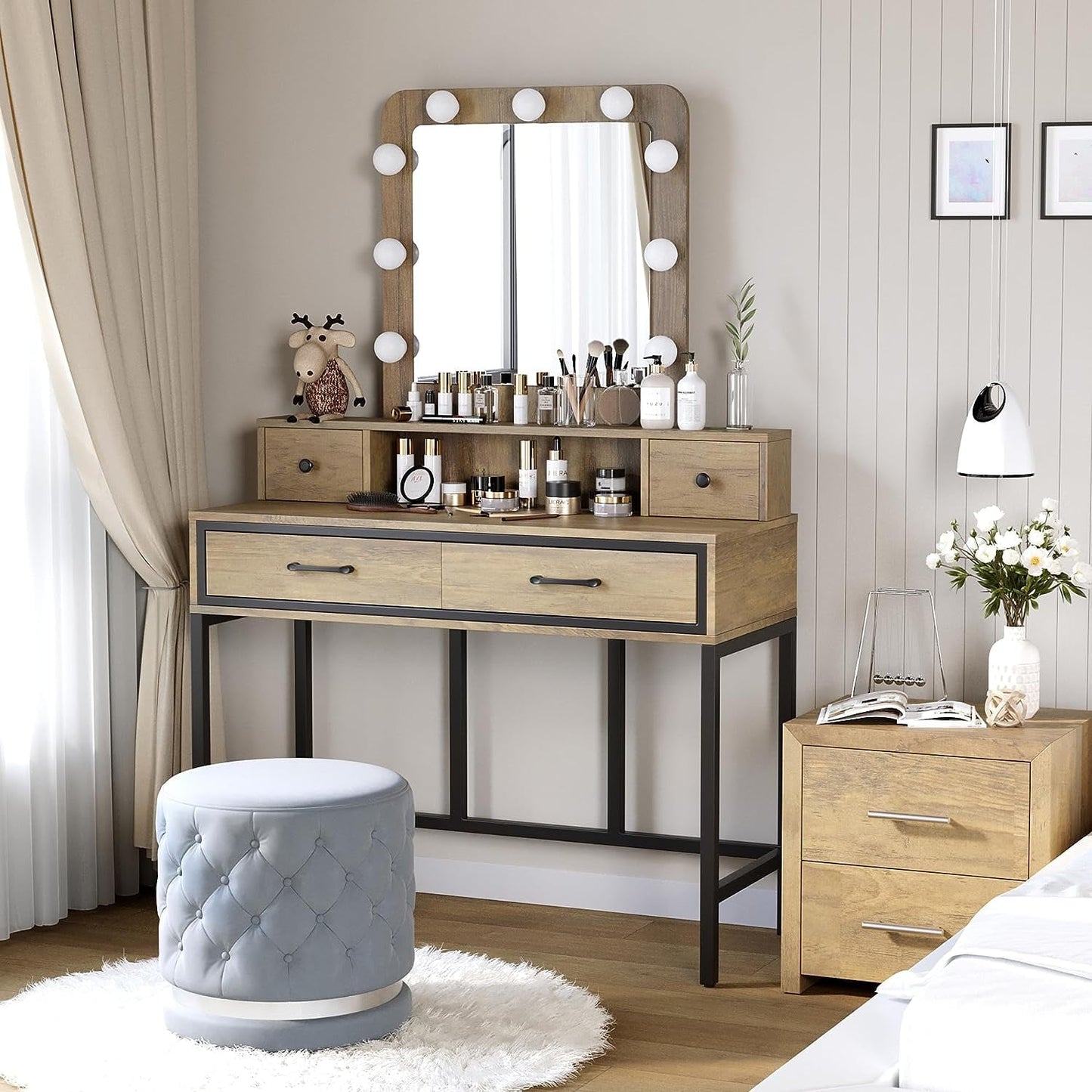 Royalcraft Makeup Vanity Table Set with Sliding Lighted Mirror