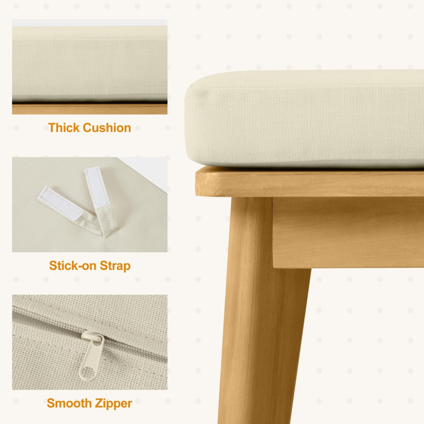Heynemo Acacia Patio Bench, Upholstered Bench with Thick Cushion, Modern Wood Outdoor Dining Bench for Porch, Backyard, Garden, Indoor, Beige