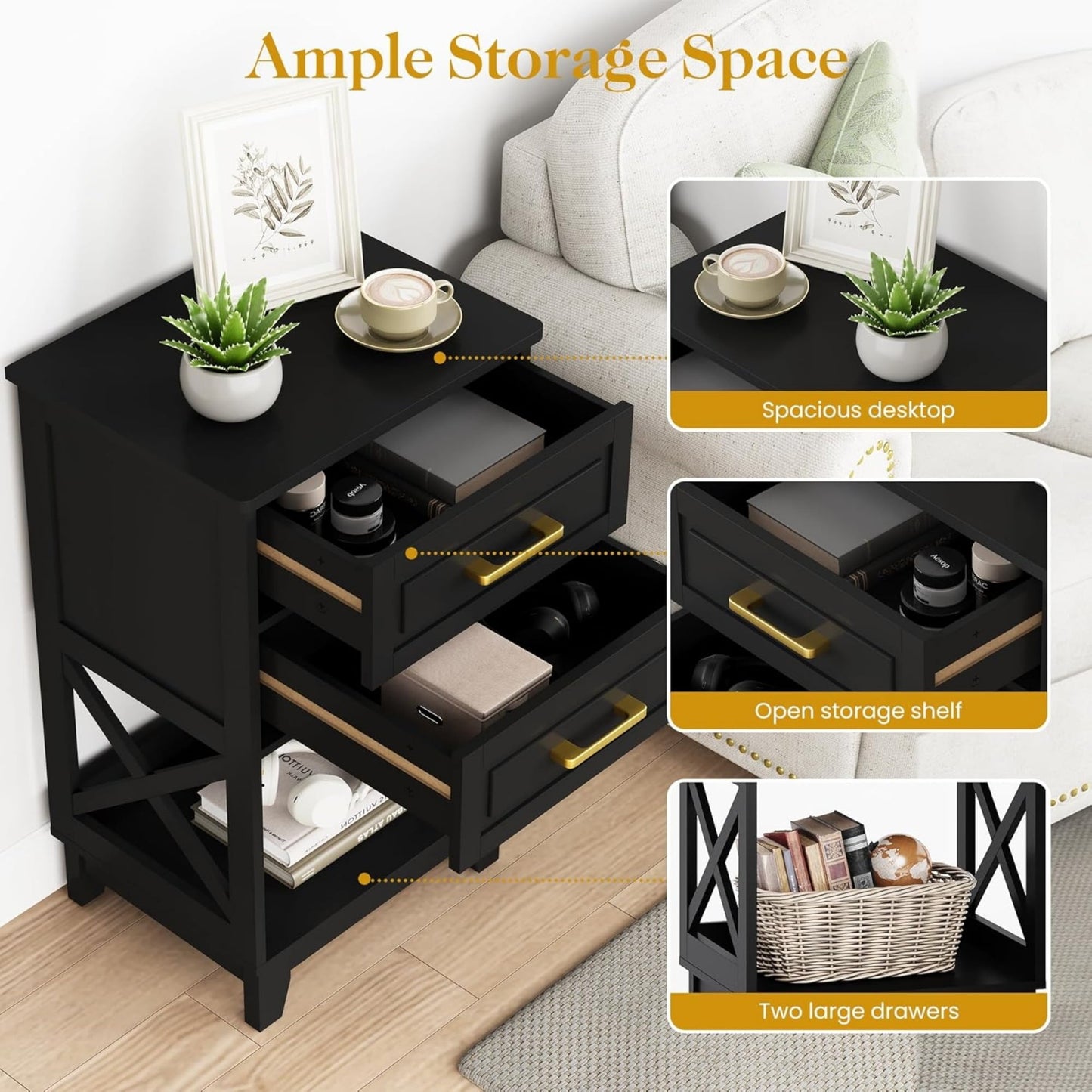 Superjoe Tall Nightstand Set of 1, Side Table with 2 Drawers and Open Shelf Below, Bedside Table with Solid Feet, Modern Night Stand End Table for Bedroom, Living Room, Home Office, Black