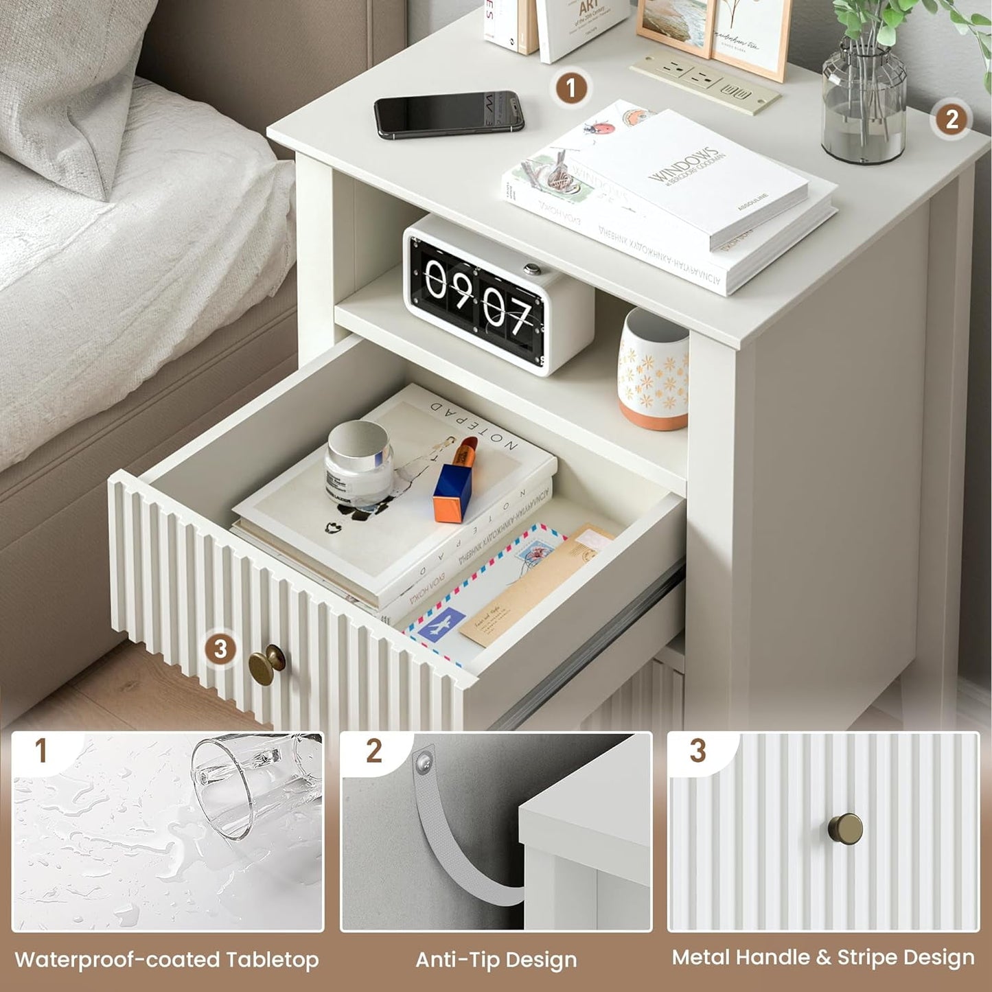 CozyHom Nightstand with Charging Station, Modern Side Table with 2 Drawers & Storage Shelf, 2-Tier End Table w/USB Ports & Outlets, Wood Night Stand Cabinet for Living Room, Bedroom, White