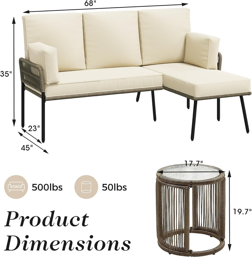 Royalcraft Patio Furniture Set, Outdoor Sectional Furniture Sets with Woven Rope Accents and 4-inch Cushions, L-Shaped Patio Conversation Sets with Detachable Lounger and Side Table