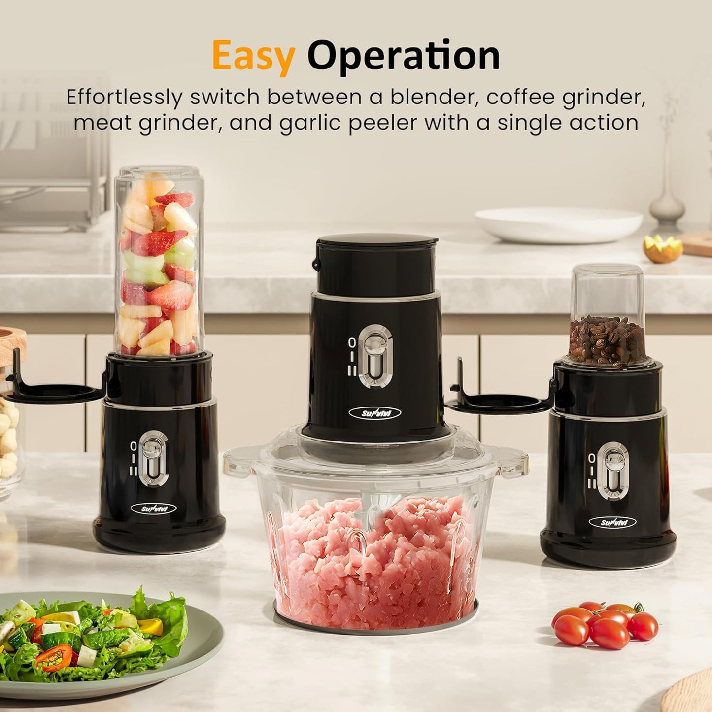 CozyHome Electric Food Chopper, Electric 4 in 1 Food Grinder for Grinding Meat, Peeling Garlic & Juicing, 2 Speed Blender and Food Processor Combo with 1.5L Glass Bowl & 2 Cups (0.4L+0.2L), 250W Black