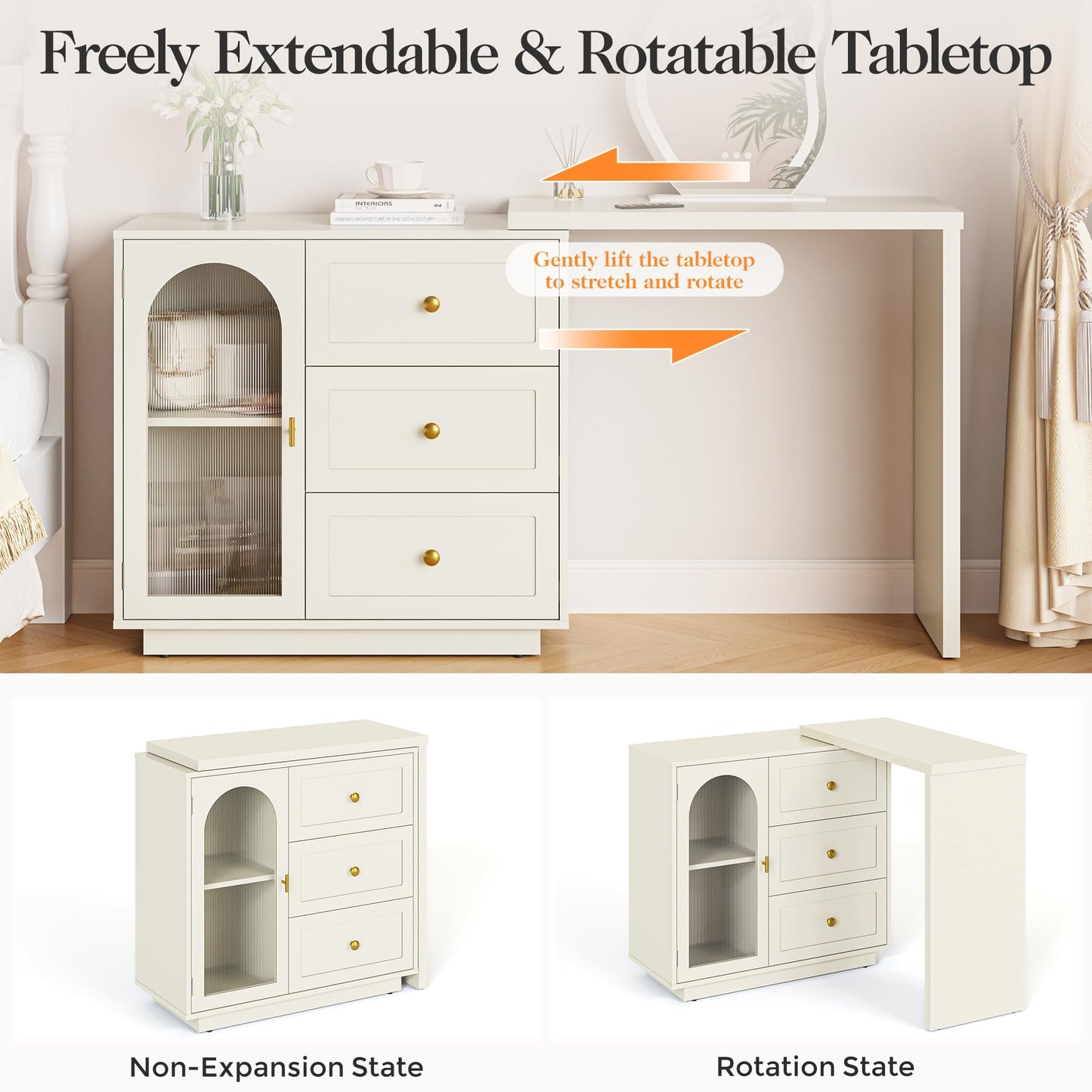 CozyHome Makeup Vanity Desk, Extendable Corner Vanity Makeup Table with 3 Drawers & 1 Door, Modern Dressing Table for Bedroom, Vanities for Women/Girls Bedroom (without Mirror)