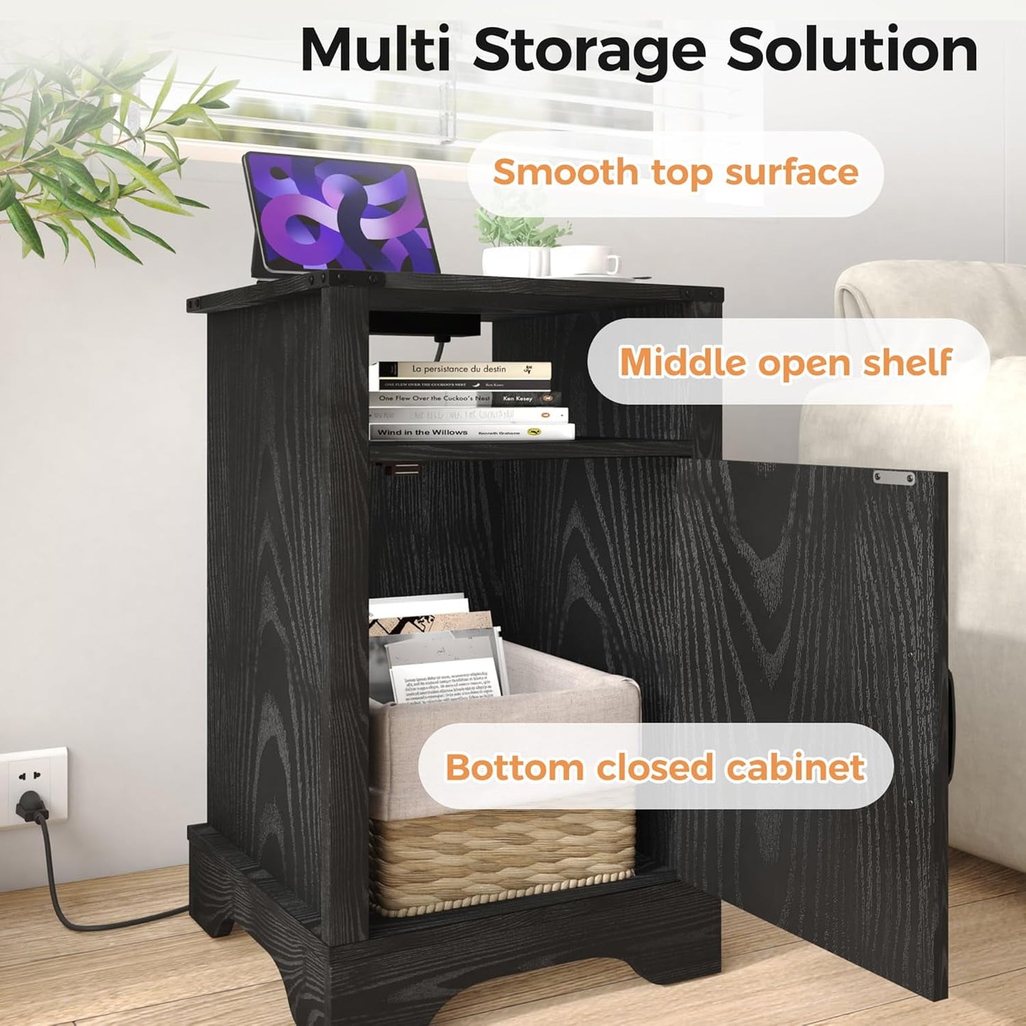 Superjoe Farmhouse Nightstand Set of 2 with Charging Station, Wooden End Table, Rustic Night Stand with Storage Cabinet and Shelf, Tall Bedside Table for Bedroom, Living Room, Black