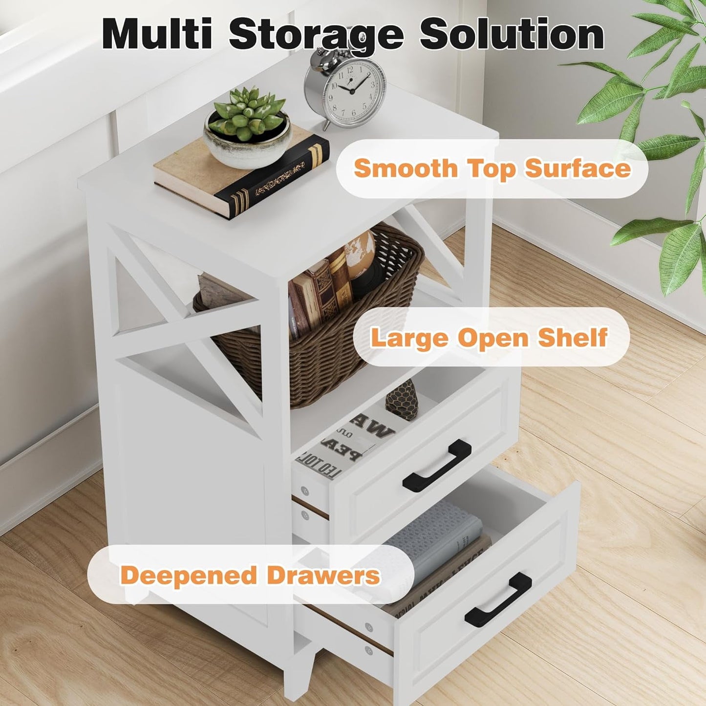 CozyHom White Nightstand Farmhouse Side Table with Storage Drawers and Open Shelf, Wooden Rustic End Table for Bedroom, Living Room, White