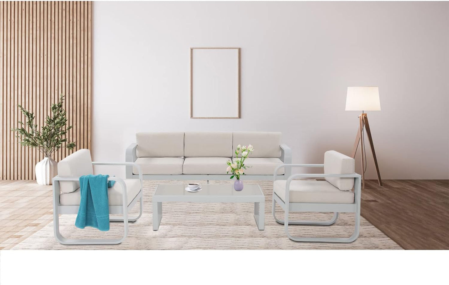 SunviviCollection Aluminum Patio Furniture, Outdoor Metal Patio Furniture Conversation Set with Coffee Table, Outside Patio Sofa Sets with Cushion for Balcony Backyard Garden, Beige