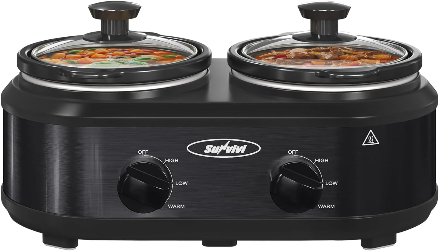 Sunvivi Dual Pot Slow Cooker, 2 Pot Small Mini Crock Buffet Server and Warmer, Upgraded Oval Ceramic Double Pot Buffet Food Warmer Adjustable Temp Glass Lid, Total 2.5 Quarts