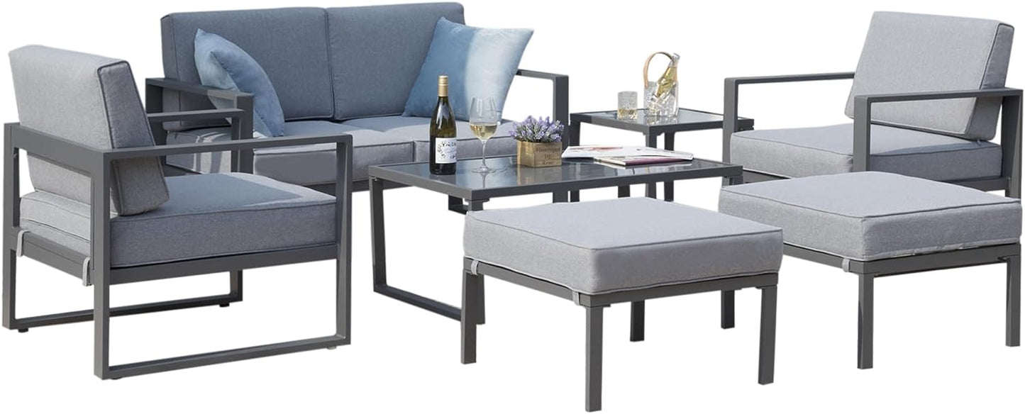 SunviviCollection Aluminum Patio Furniture Set, 7 Pieces Modern Patio Conversation Sets with Coffee Table and Ottomans, Outdoor Sectional Sofa with Cushions for Balcony, Backyard, Porch, Lawn, White