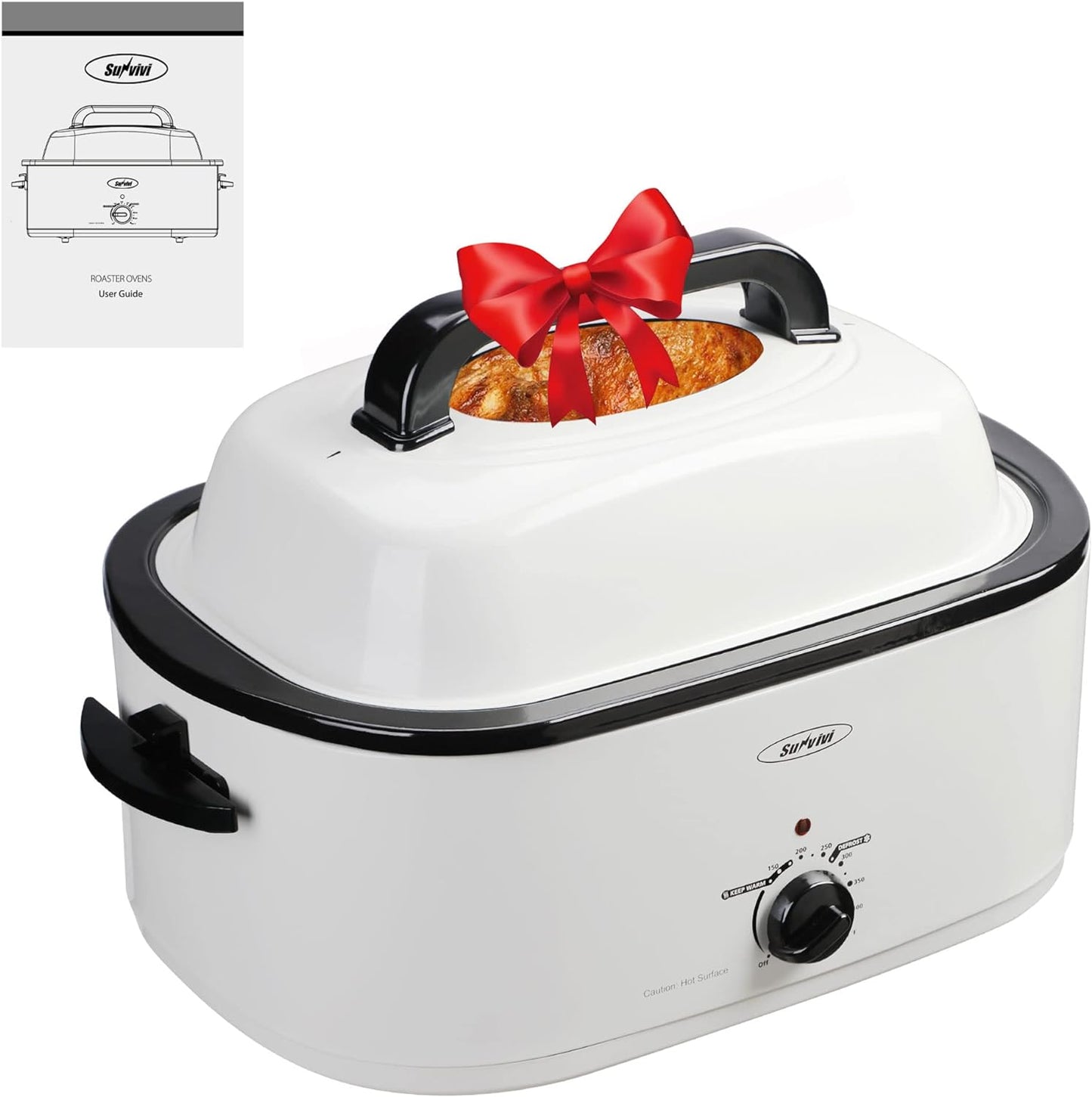 Roaster Oven, Electric Roaster Oven with Viewing Lid, Sunvivi Turkey Roaster with Unique Defrost/Warm Function, Large Roaster with with Removable Pan & Rack, Stainless Steel, White