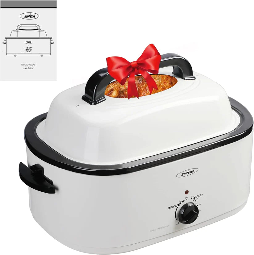 Roaster Oven with Self-Basting Lid, Electric Roaster with Removable Pan & Rack, 150-450°F Full-Range Temperature Control with Defrost/Warm Function, Stainless Steel, Silver