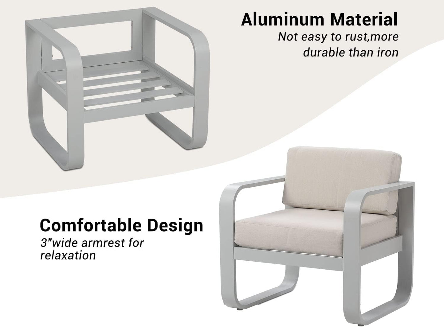 SunviviCollection Aluminum Patio Furniture, Outdoor Metal Patio Furniture Conversation Set with Coffee Table, Outside Patio Sofa Sets with Cushion for Balcony Backyard Garden, Beige