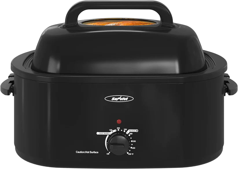 Roaster Oven with Self-Basting Lid, Electric Roaster with Removable Pan & Rack, 150-450°F Full-Range Temperature Control with Defrost/Warm Function, Stainless Steel, Silver