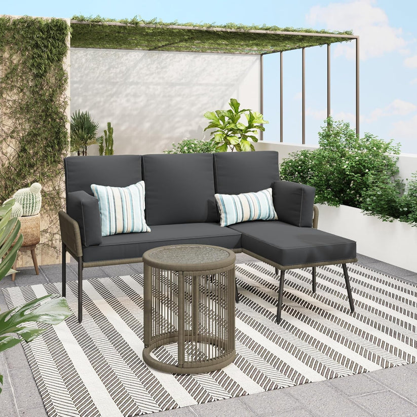 Royalcraft Patio Furniture Set, Outdoor Sectional Furniture Sets with Woven Rope Accents and 4-inch Cushions, L-Shaped Patio Conversation Sets with Detachable Lounger and Side Table