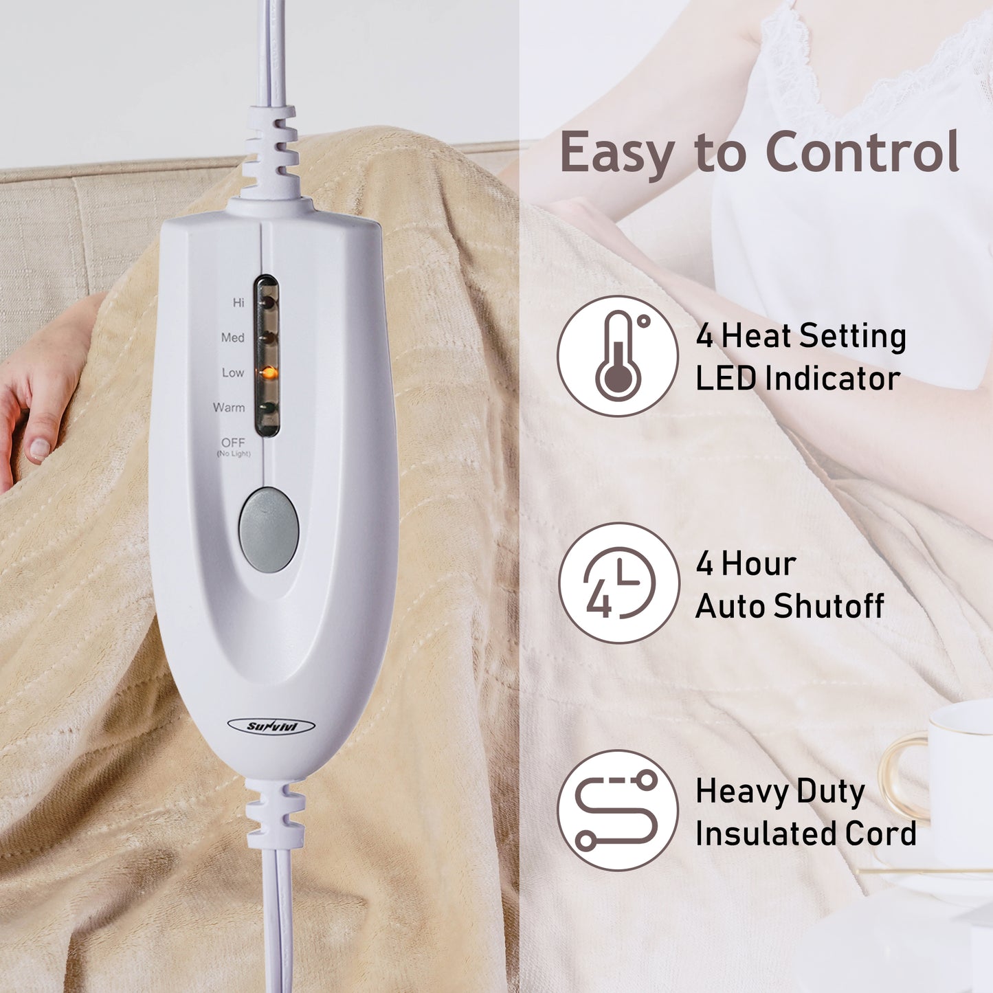 Superjoe Electric Throw Heated Blanket, Double-Layer Flannel, 4 Heat Settings and Auto-off, 60" x 50", Beige