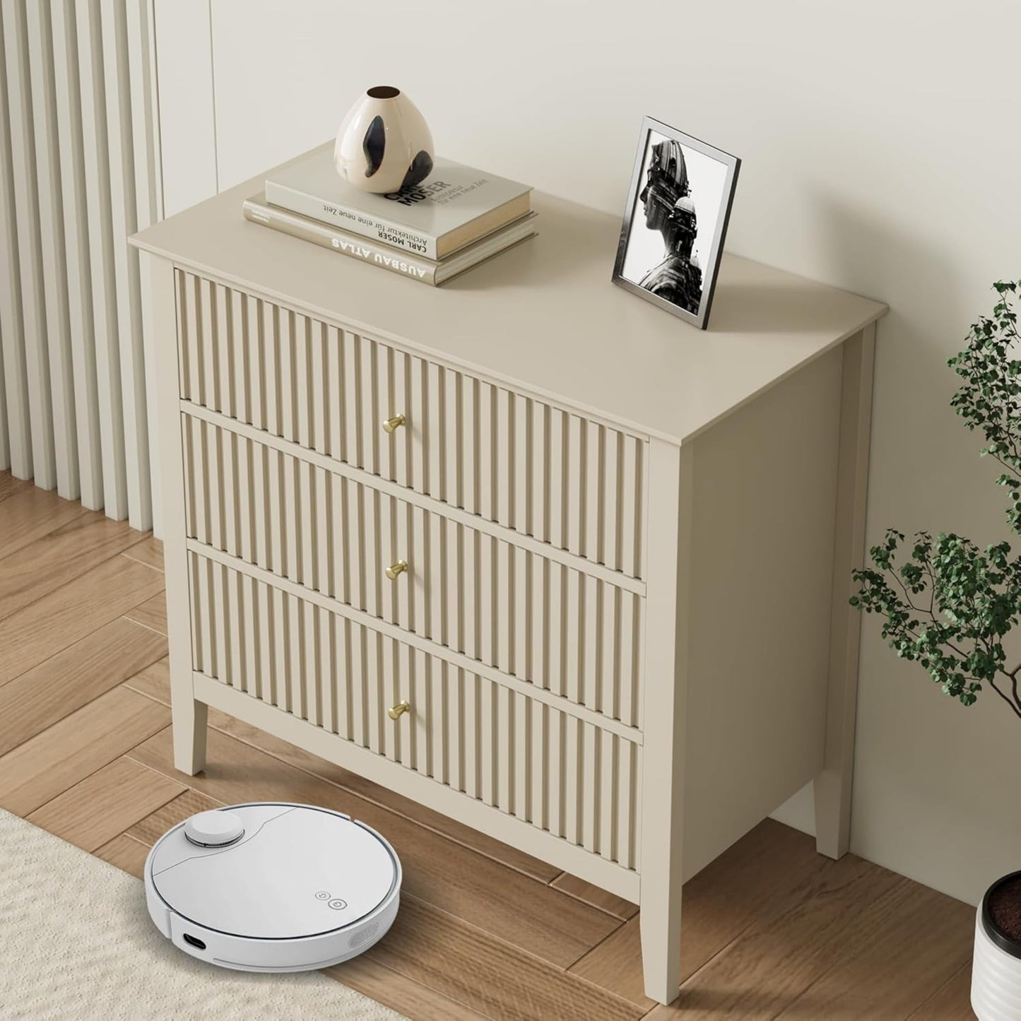 Superjoe Beige 3 Drawer Dresser, Painted 30 Inch Tall Wood Nightstand with Storage, Wide Modern Chest of Drawers with Ball Bearing Slide for Bedroom Hallway Living Room Entryway Office