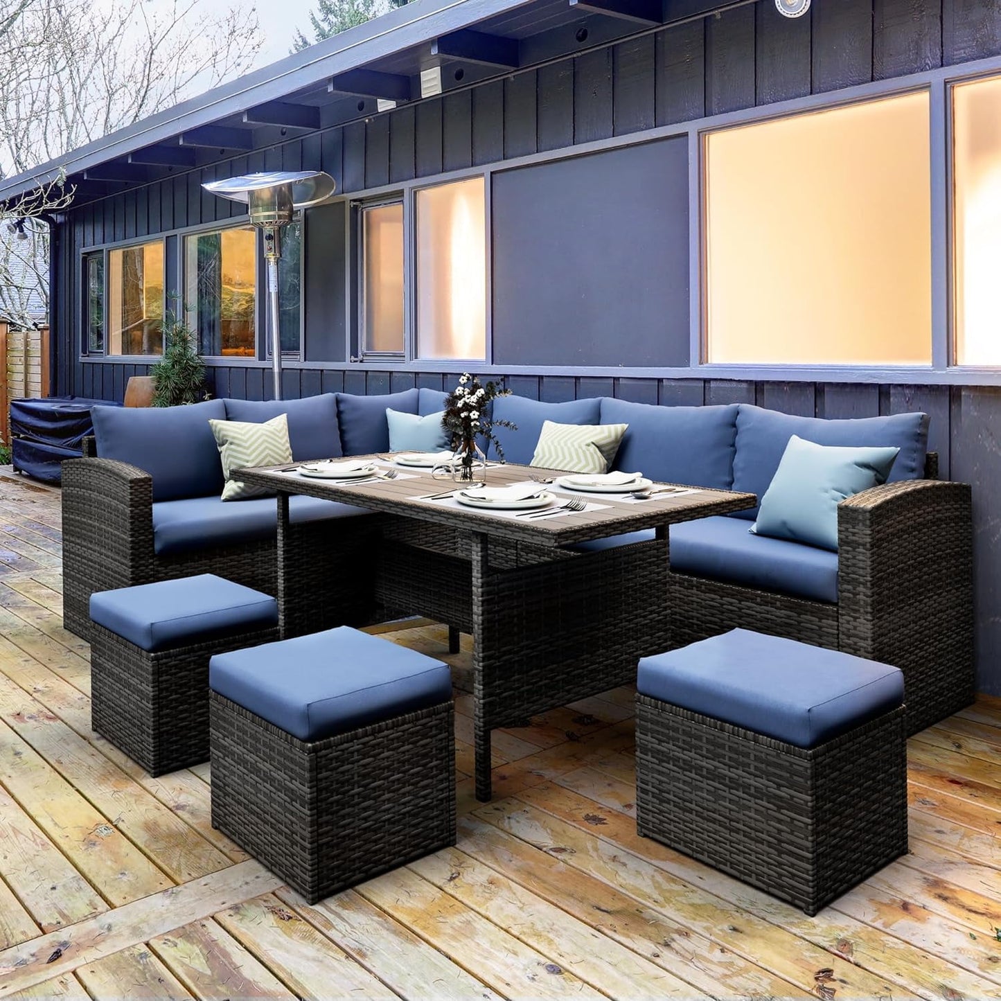 CozyHom 7 Pcs Modern Outdoor Patio PE Wicker Rattan Conversation Sofa Furniture Set, Sectional Furniture Couch Sets with Dining Table and Cushions, Blue