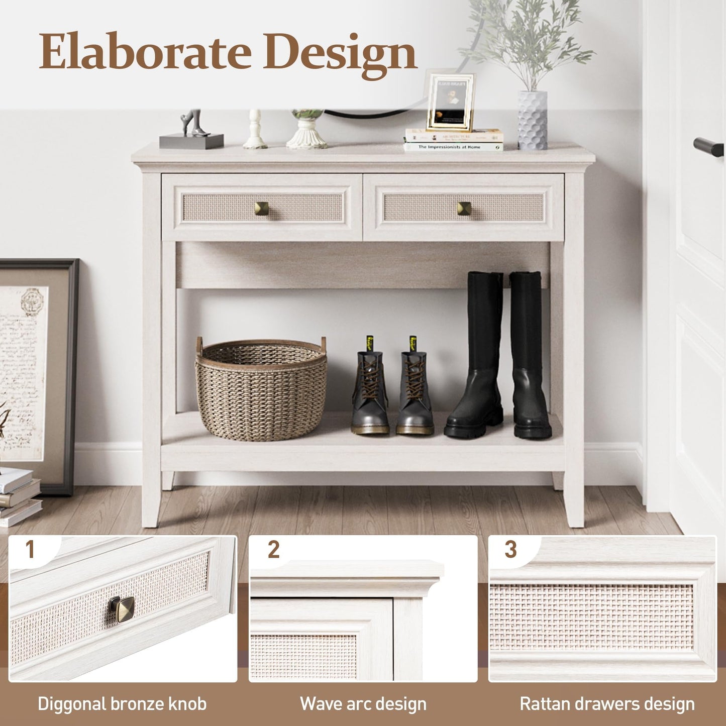 CozyHome Rattan Entryway Table, Boho Console Table with Widened Tabletop & 2 Spacious Drawers, Farmhouse Sofa Table with Storage Shelf, Foyer Table for Living Room, Hallway, Entryway, Grayish White
