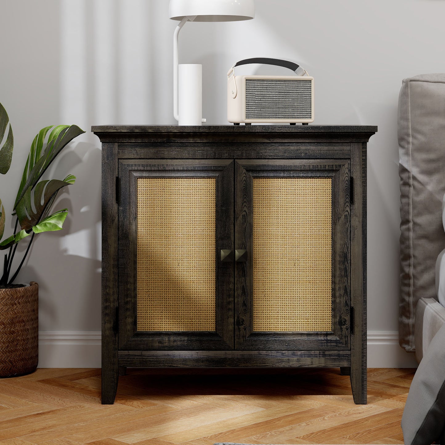 Storage Cabinet, Kitchen Sideboard Cabinet with Rattan Decor Doors, Accent Buffet Cabinet with Adjustable Storage Shelf, Wood Cabinet Organizer for Hallway, Dining Room, Living Room