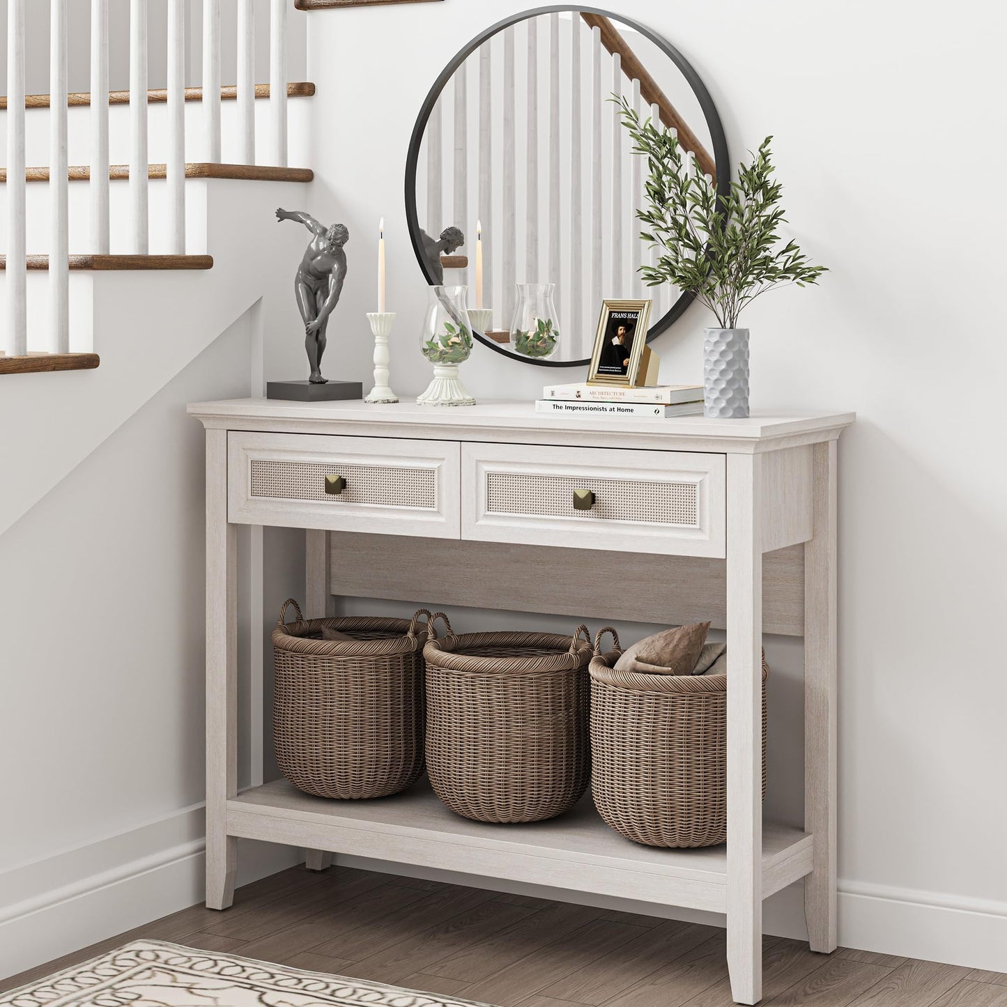 CozyHome Rattan Entryway Table, Boho Console Table with Widened Tabletop & 2 Spacious Drawers, Farmhouse Sofa Table with Storage Shelf, Foyer Table for Living Room, Hallway, Entryway, Grayish White