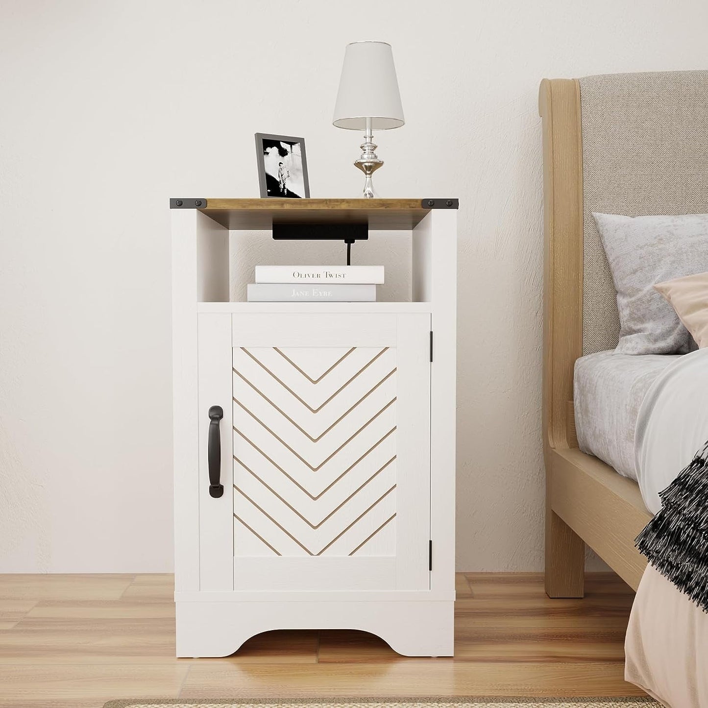 RoyalCraft White Nightstand with Charging Station, Farmhouse Bedside Table with X-Shaped Design,Wooden Rustic End Table with Large Storage Room and Shelf for Bedroom, Living Room